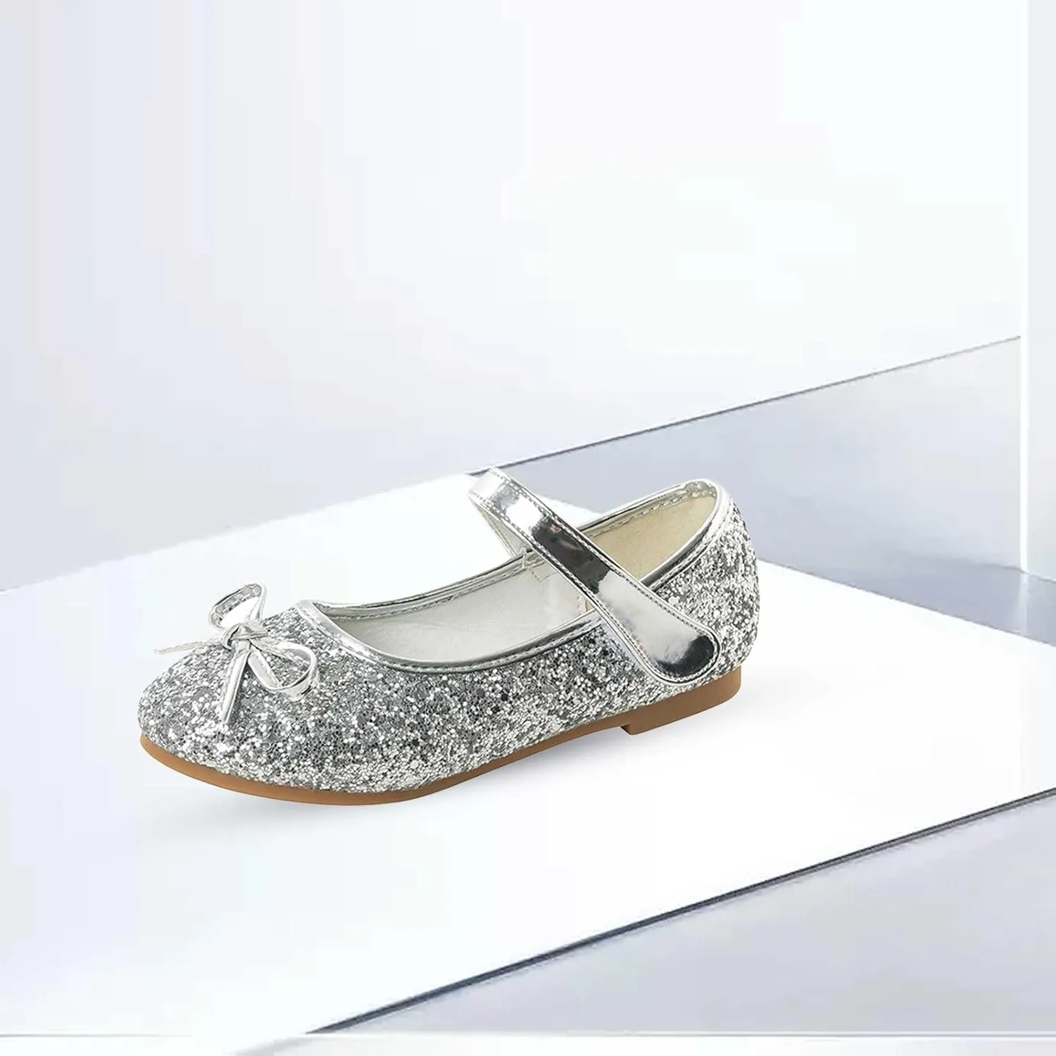 Girls Dress Shoes Low Heel Flats Mary Jane Flower Wedding Party Glitter Shoes for Kids Toddler
