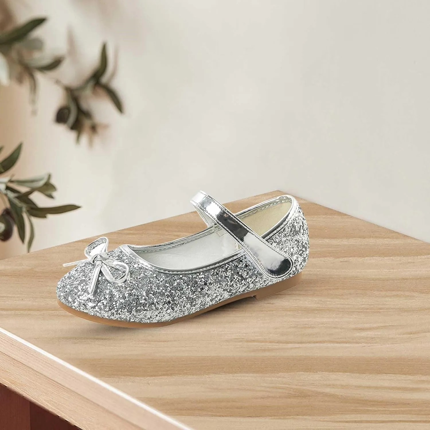 Girls Dress Shoes Low Heel Flats Mary Jane Flower Wedding Party Glitter Shoes for Kids Toddler