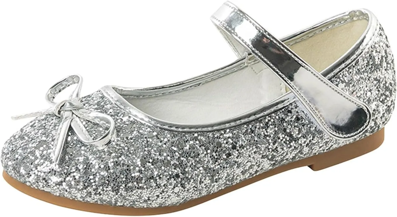 Girls Dress Shoes Low Heel Flats Mary Jane Flower Wedding Party Glitter Shoes for Kids Toddler