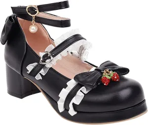 Girls High Heels Lolita Shoes Leather Closed Toe Kids Buckle Sandals Tulle Ruffle Ankle Straps Wedding Prom