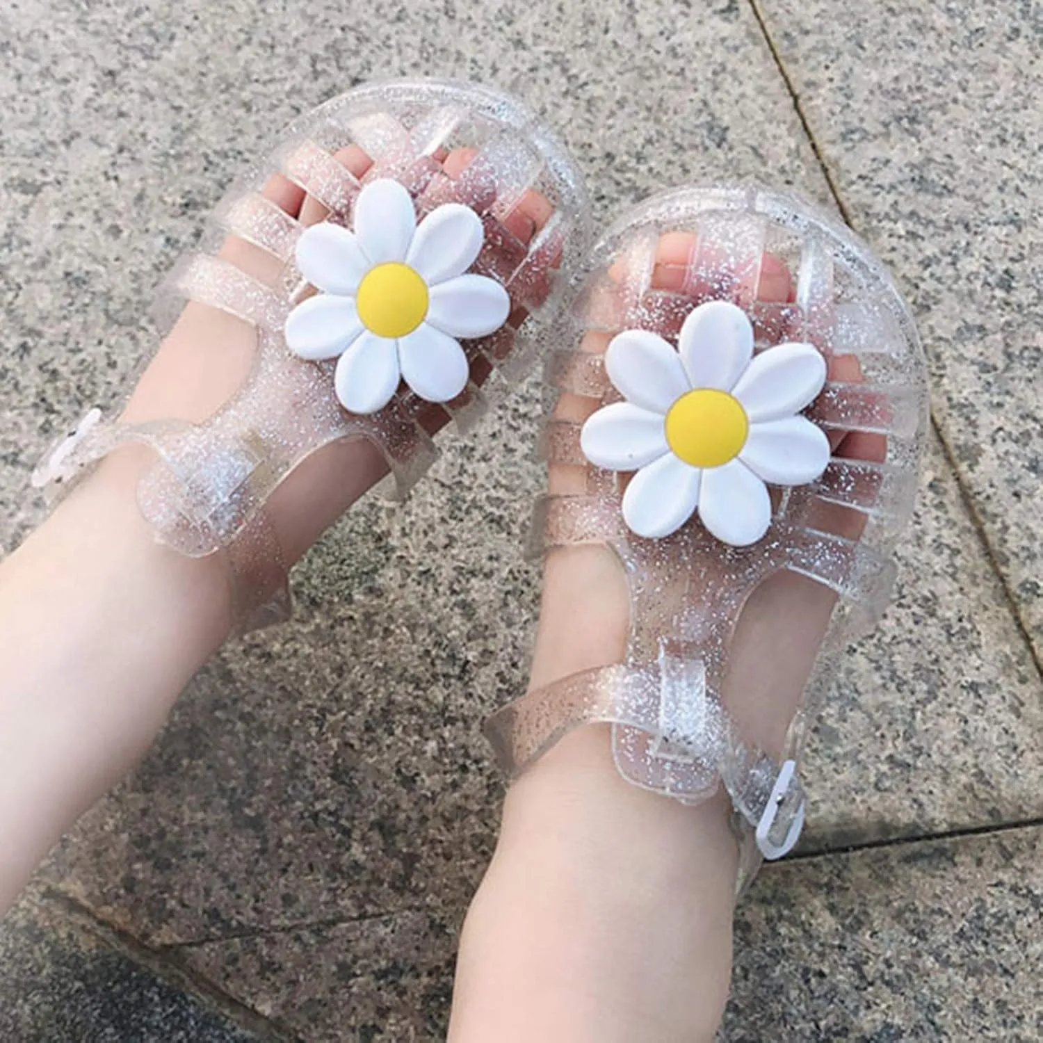 Girls Kids Flower Jelly Sandals Summer Dress Jellies Shoes With Strap Closed Toe Soft Beach Pool Shoes Casual
