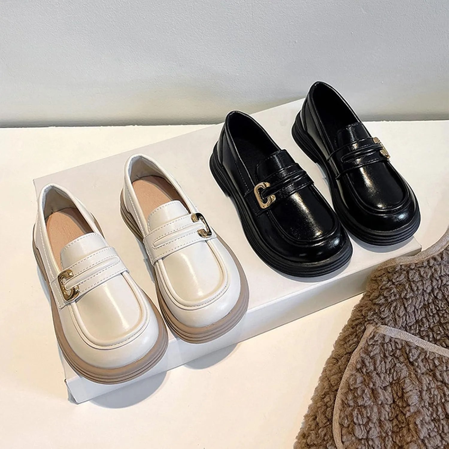 Girls Loafers Chunky Platform Classic Dress Shoes Little Kid PU Leather Rubber Sole Oxford School Mary Janes