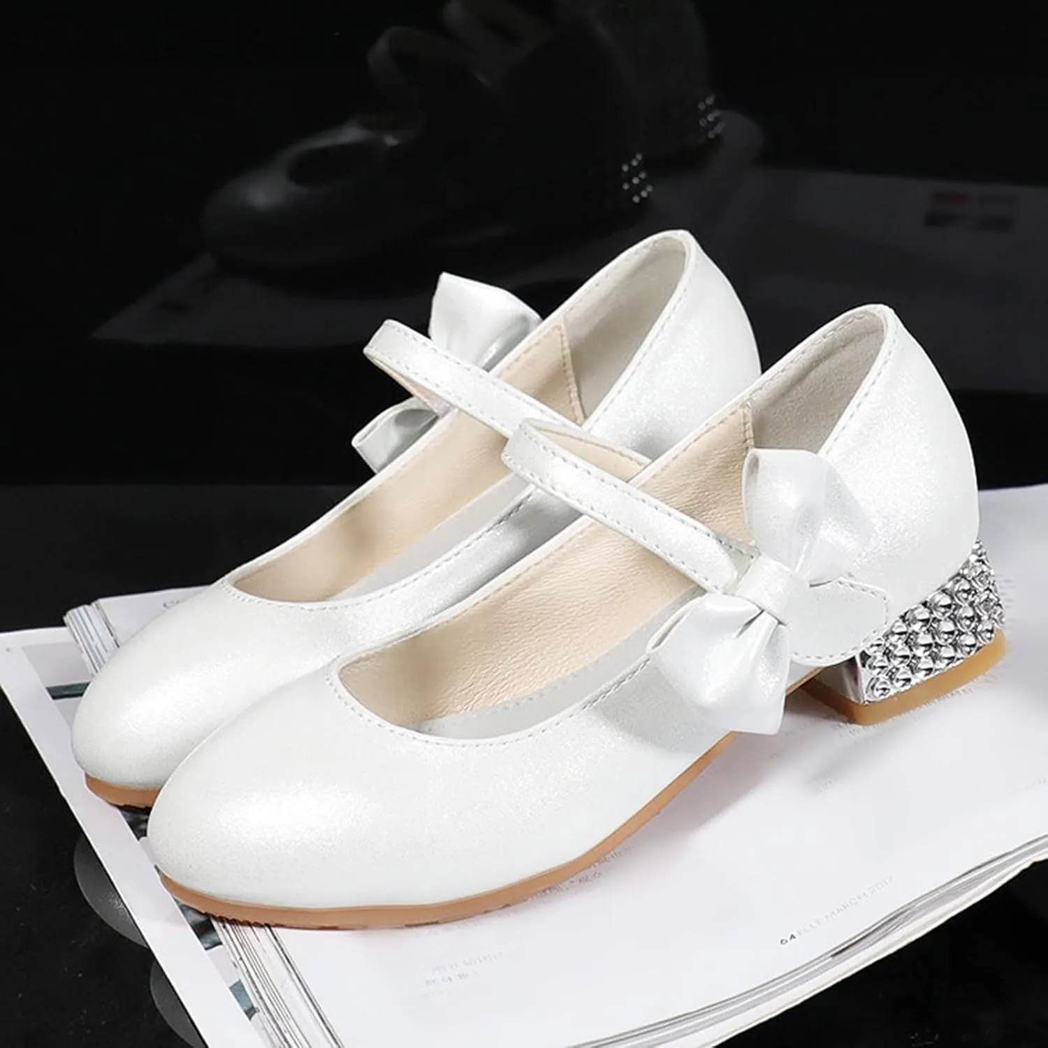 Girls Mary Jane Dress Shoes for Kids Bowknot Hook and Loop Low Heel Flower Girl Wedding Flat Kids Wide Tennis Shoes