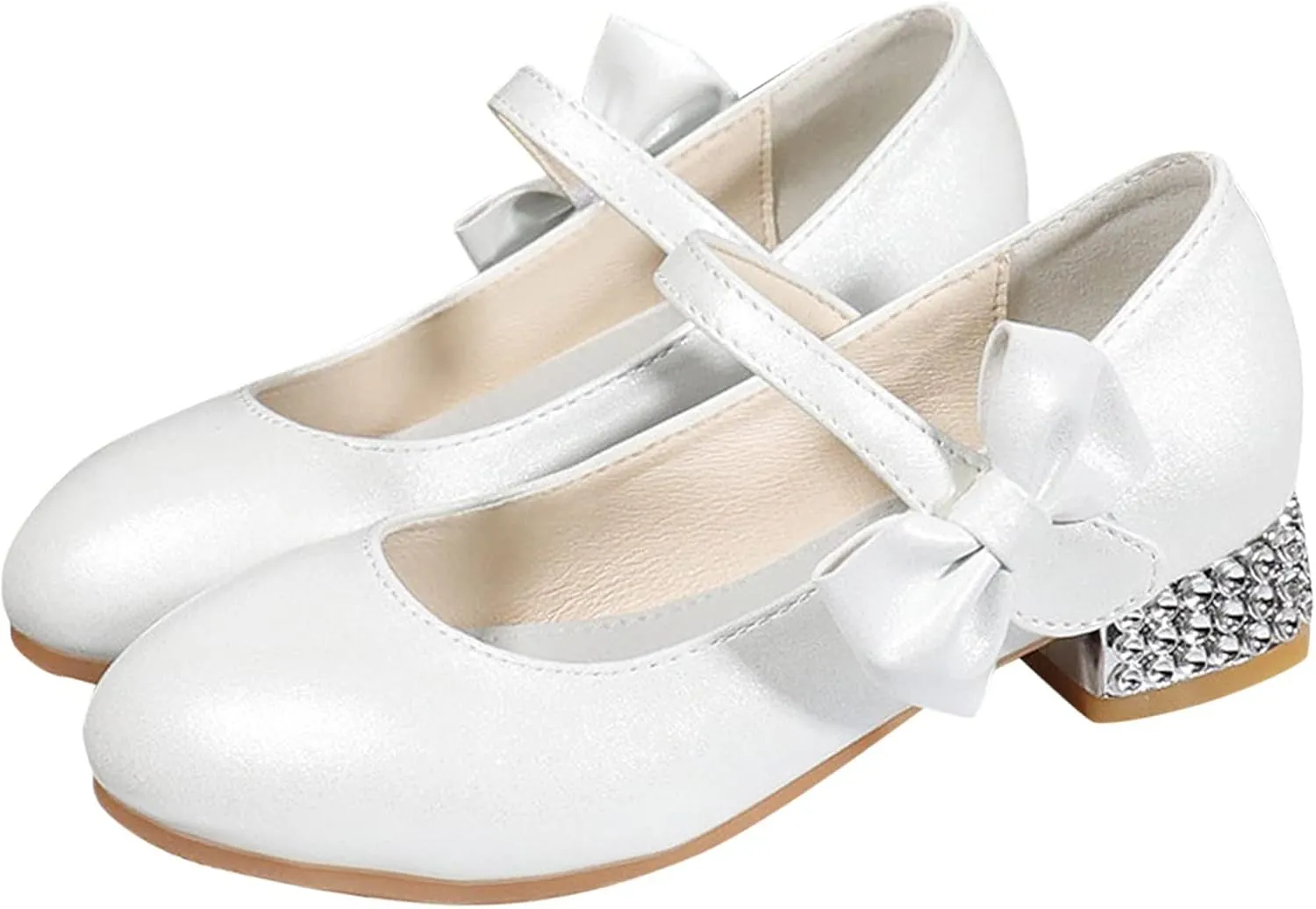 Girls Mary Jane Dress Shoes for Kids Bowknot Hook and Loop Low Heel Flower Girl Wedding Flat Kids Wide Tennis Shoes