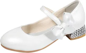 Girls Mary Jane Dress Shoes for Kids Bowknot Hook and Loop Low Heel Flower Girl Wedding Flat Kids Wide Tennis Shoes