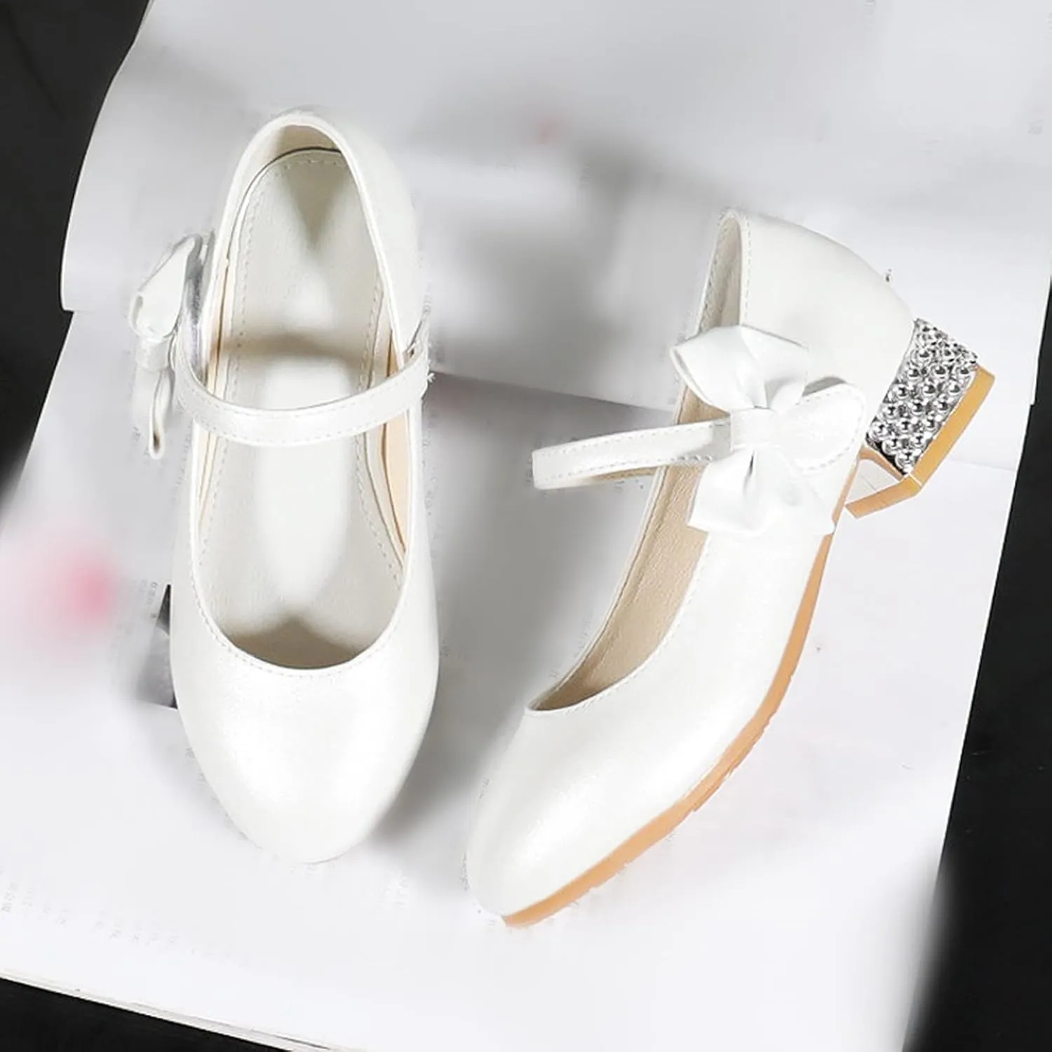 Girls Mary Jane Dress Shoes for Kids Bowknot Hook and Loop Low Heel Flower Girl Wedding Flat Kids Wide Tennis Shoes