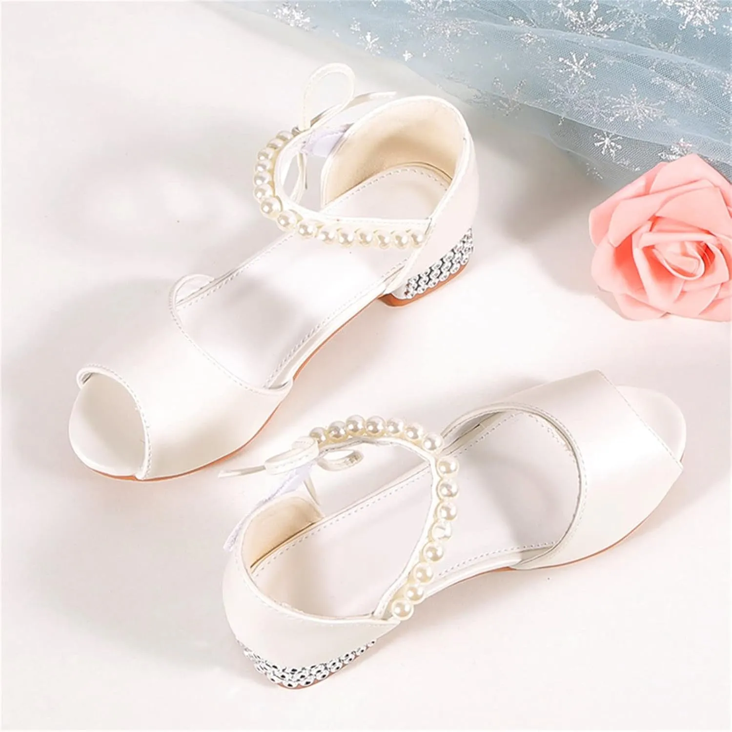 Girls Sandals Grils Dress Shoes Wedding Party Open Toe Glitter High Heels for High School Prom (White, 2.5 Big Kids)