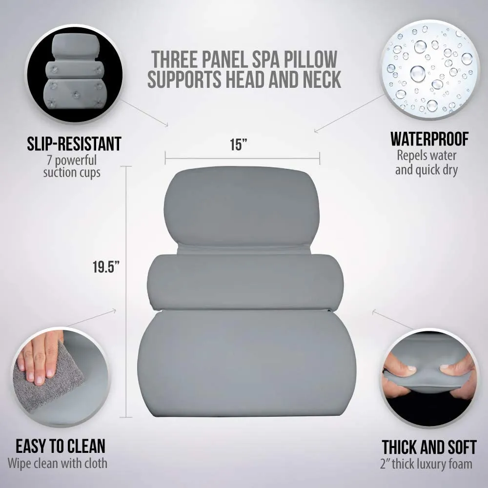 Gorilla Grip Comfort Slip Resistant Large Thick Soft Waterproof Relaxing Spa Bath Pillow, Fits Curved or Straight Back Tubs, Cushion Support Head and Neck in Tub, Bathtub Accessory, 3 Panel, Gray