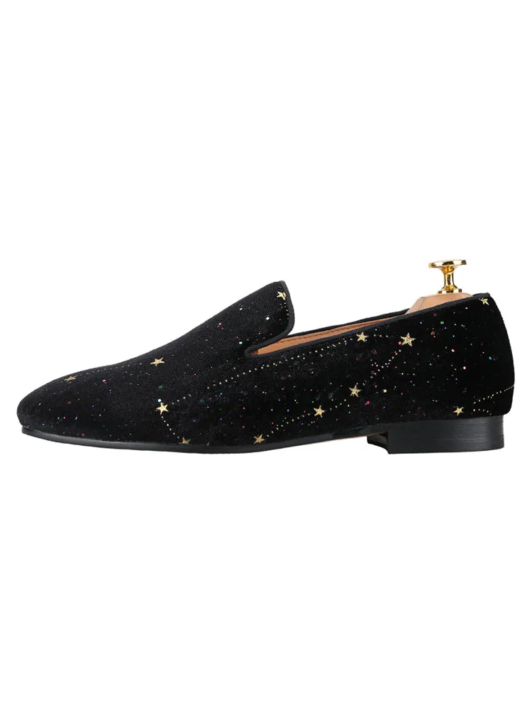 Handmade sequined star black velvet loafers for men, casual and versatile slip-on yuppie style men's smoking shoes