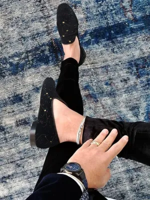 Handmade sequined star black velvet loafers for men, casual and versatile slip-on yuppie style men's smoking shoes