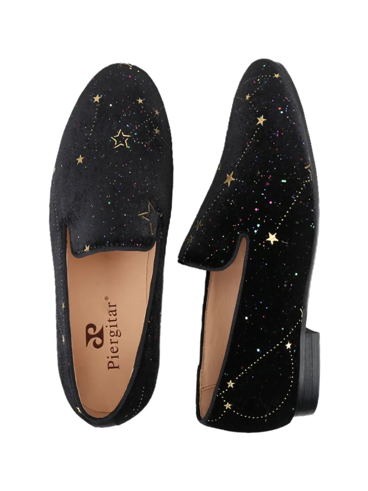 Handmade sequined star black velvet loafers for men, casual and versatile slip-on yuppie style men's smoking shoes