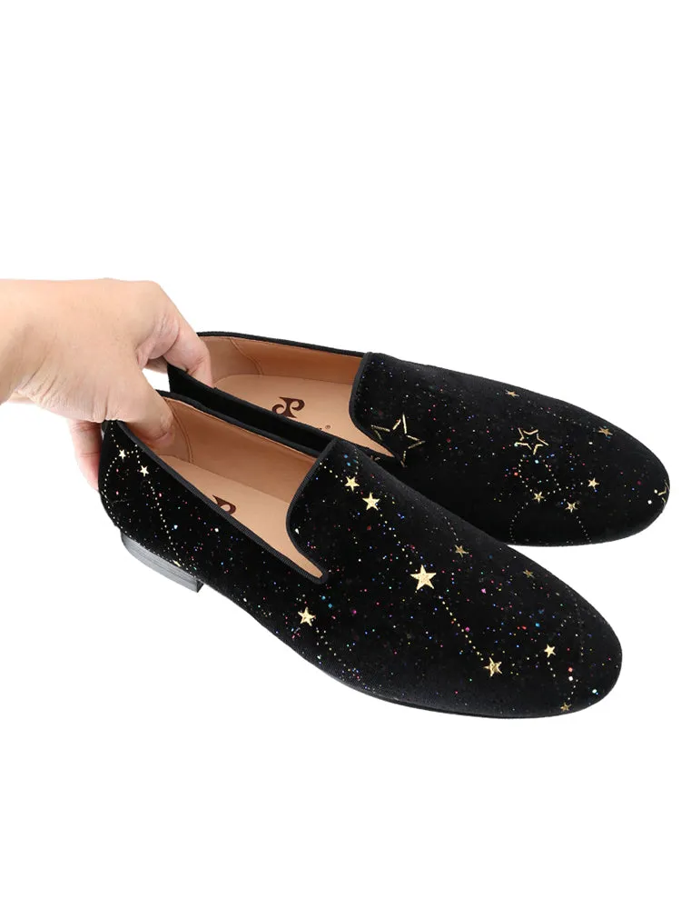 Handmade sequined star black velvet loafers for men, casual and versatile slip-on yuppie style men's smoking shoes