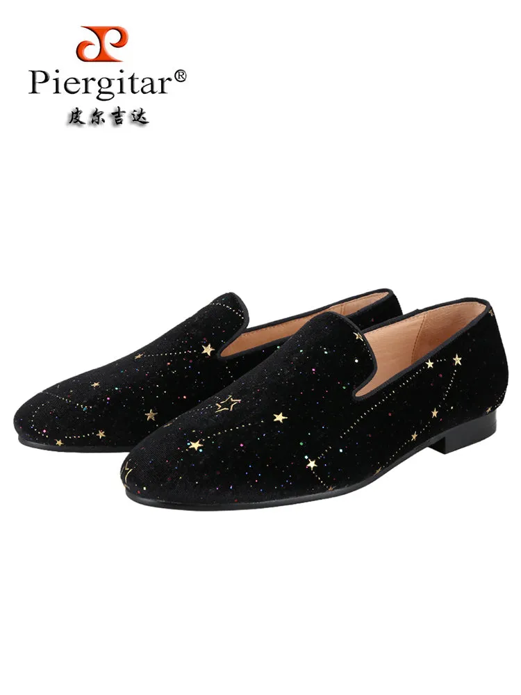 Handmade sequined star black velvet loafers for men, casual and versatile slip-on yuppie style men's smoking shoes