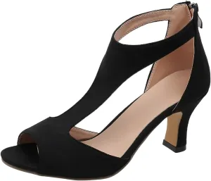 Heels for Women, Peep Toe Kitten Heel Ankle T-Strap Cutout Pumps Back Zip Mid High Heeled Sandals Casual Dress Shoes