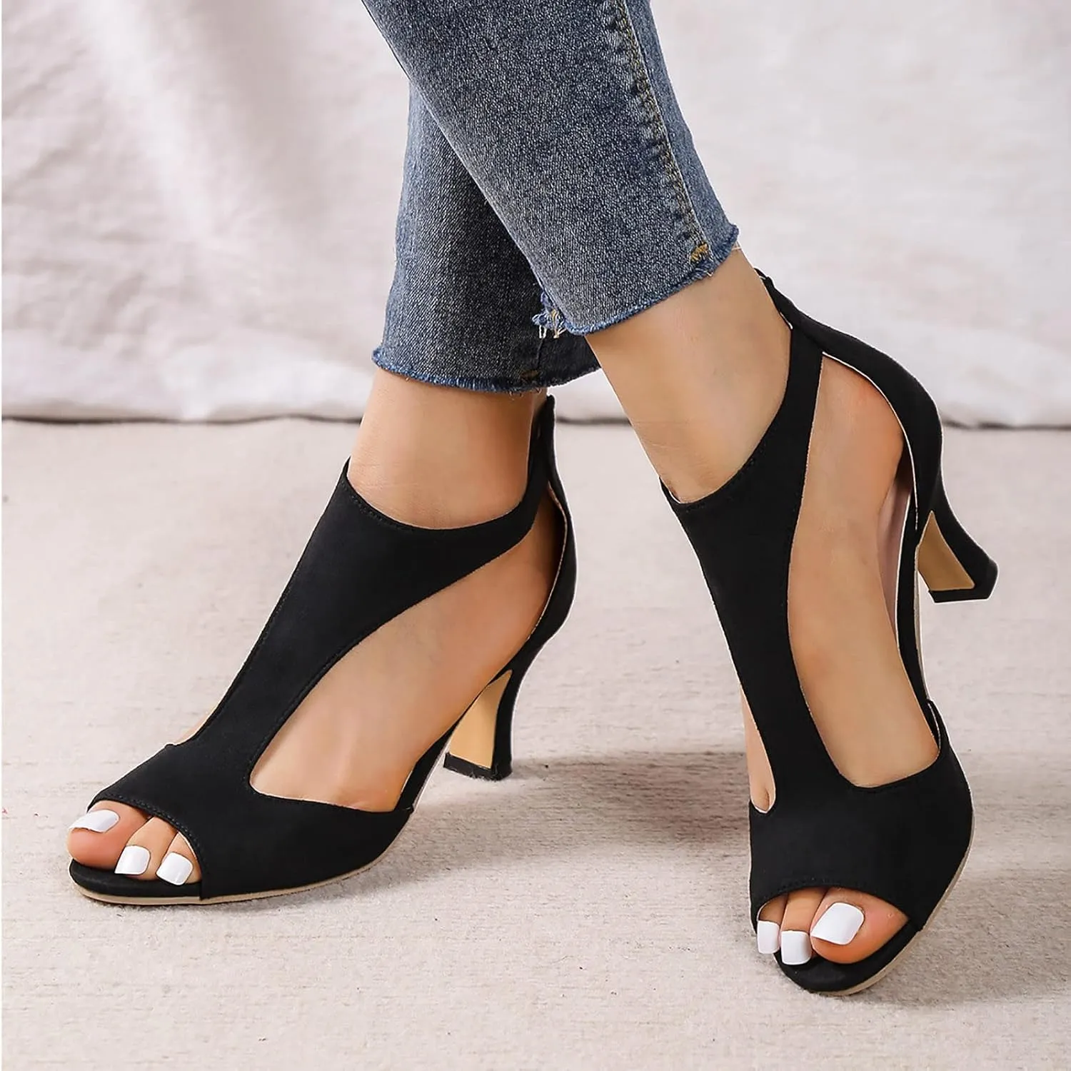 Heels for Women, Peep Toe Kitten Heel Ankle T-Strap Cutout Pumps Back Zip Mid High Heeled Sandals Casual Dress Shoes