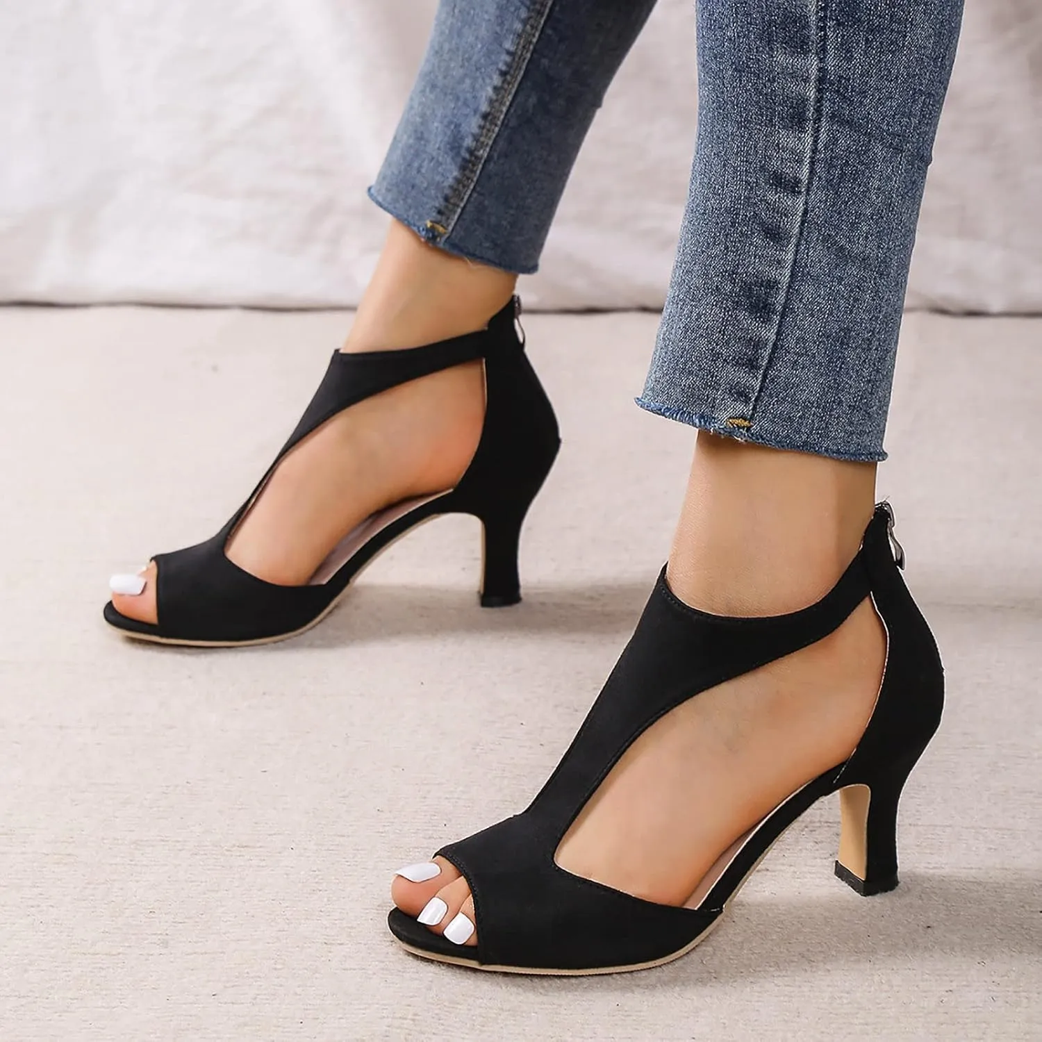 Heels for Women, Peep Toe Kitten Heel Ankle T-Strap Cutout Pumps Back Zip Mid High Heeled Sandals Casual Dress Shoes