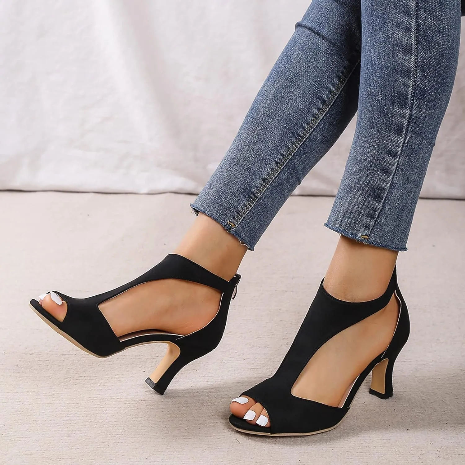 Heels for Women, Peep Toe Kitten Heel Ankle T-Strap Cutout Pumps Back Zip Mid High Heeled Sandals Casual Dress Shoes