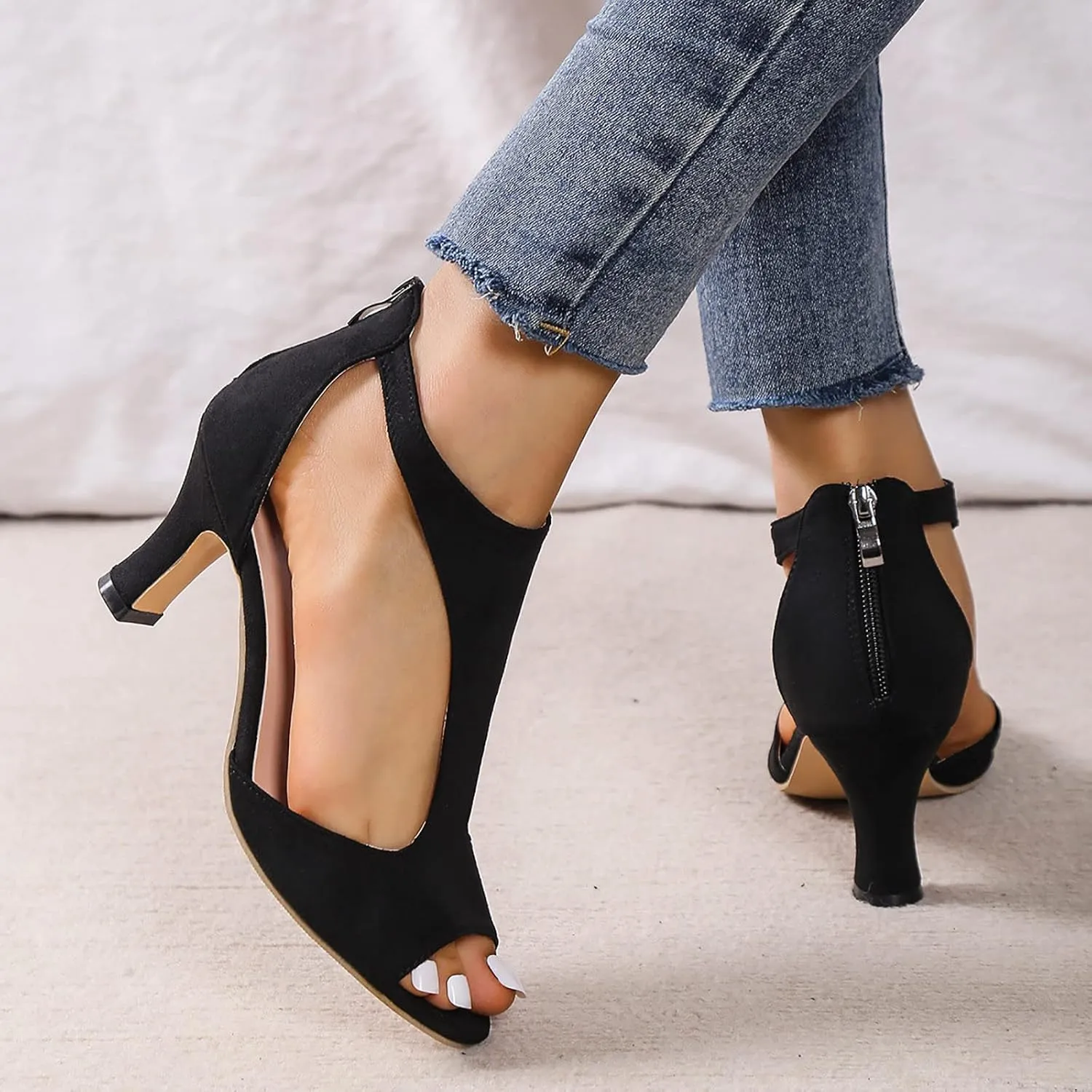 Heels for Women, Peep Toe Kitten Heel Ankle T-Strap Cutout Pumps Back Zip Mid High Heeled Sandals Casual Dress Shoes