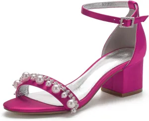 Hyinlays Women's Open Toe Low Block Pumps Shoes Ankle Strap Chunky Heels with Pearls Satin Wedding Sandals Prom Party Dress Shoes