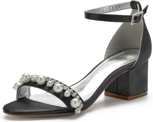 Hyinlays Women's Open Toe Low Block Pumps Shoes Ankle Strap Chunky Heels with Pearls Satin Wedding Sandals Prom Party Dress Shoes