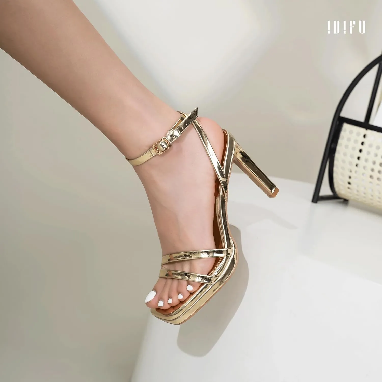 IDIFU IN4 High Heels Platform Strappy Stiletto Heels Square Open Toe Heeled Sandals Wedding Bridal Prom Party Dress Shoes for Women Comfortable Sexy Dressy Cute Ankle Strap Heels