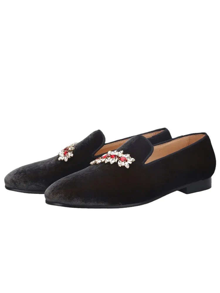Imported gray and red velvet men's yuppie loafers metal rhinestone buckle slip-on smoking shoes loafers wedding banquet