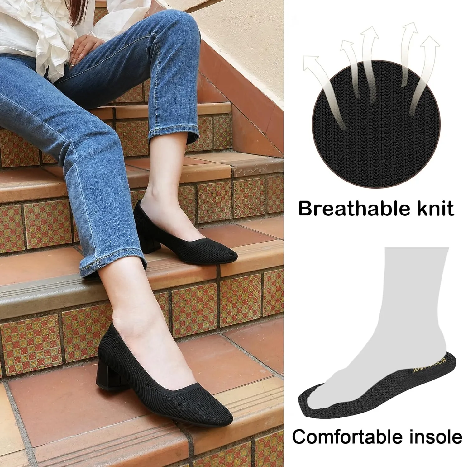 JENN ARDOR Low Chunky Heels Dress Shoes for Women Comfortable Knit Block Heeled Pumps Square Closed Toe Dressy Casual Wedding Party Prom Office Work Slip on Shoes