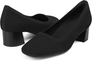JENN ARDOR Low Chunky Heels Dress Shoes for Women Comfortable Knit Block Heeled Pumps Square Closed Toe Dressy Casual Wedding Party Prom Office Work Slip on Shoes