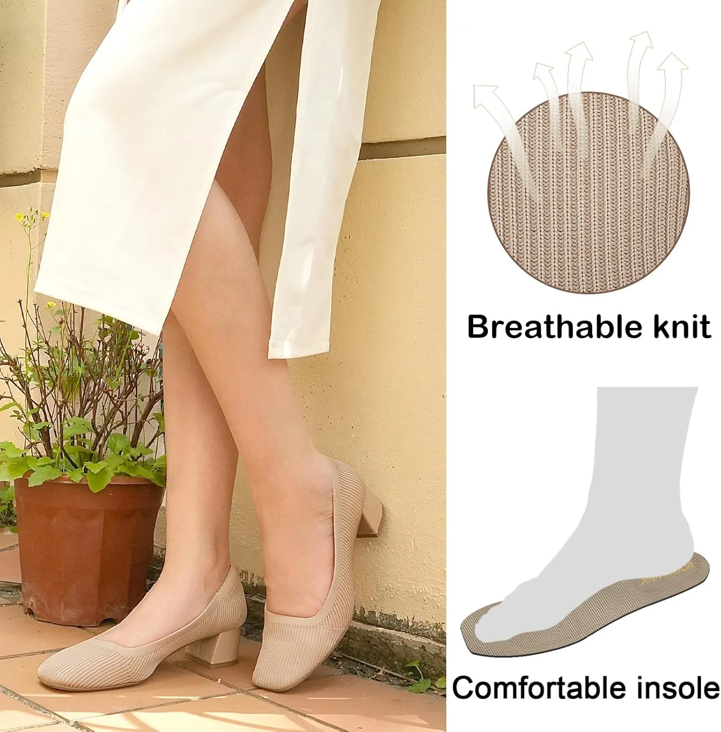 JENN ARDOR Low Chunky Heels Dress Shoes for Women Comfortable Knit Block Heeled Pumps Square Closed Toe Dressy Casual Wedding Party Prom Office Work Slip on Shoes