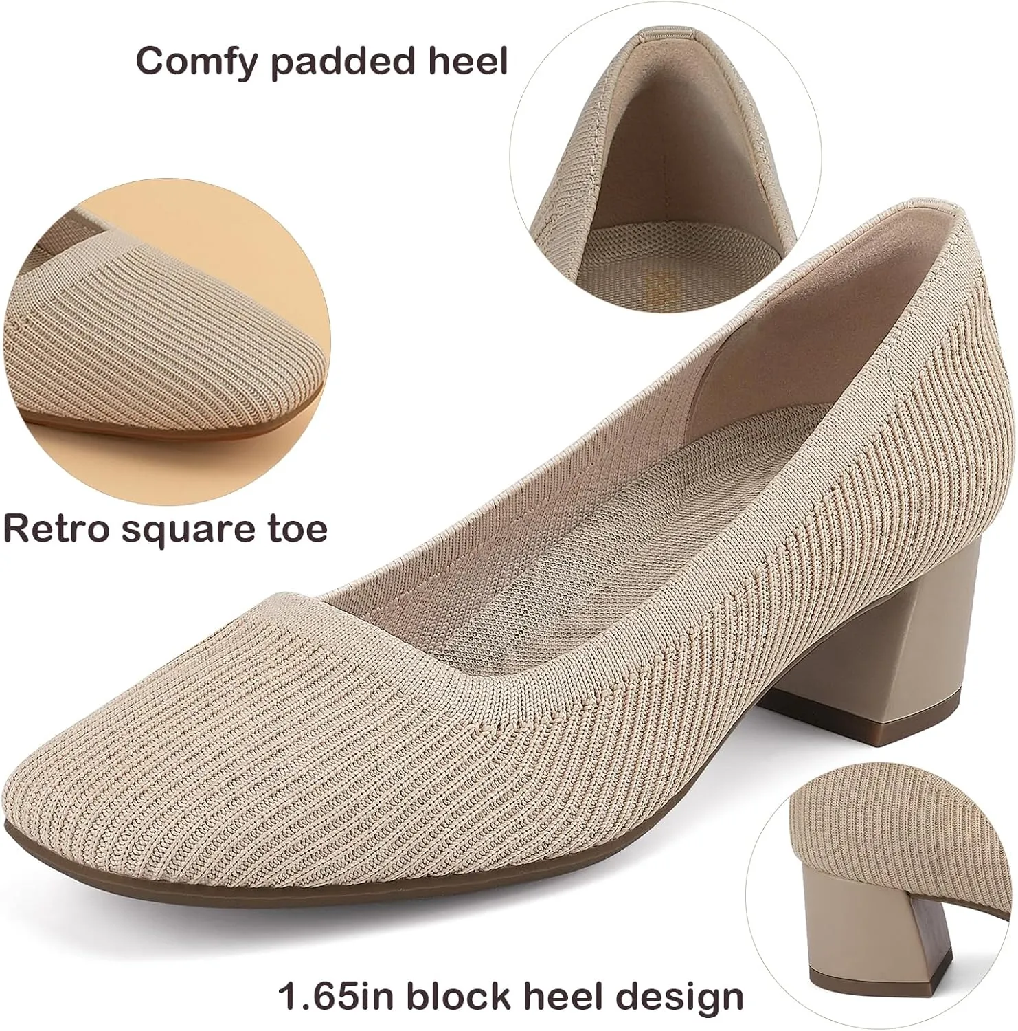 JENN ARDOR Low Chunky Heels Dress Shoes for Women Comfortable Knit Block Heeled Pumps Square Closed Toe Dressy Casual Wedding Party Prom Office Work Slip on Shoes