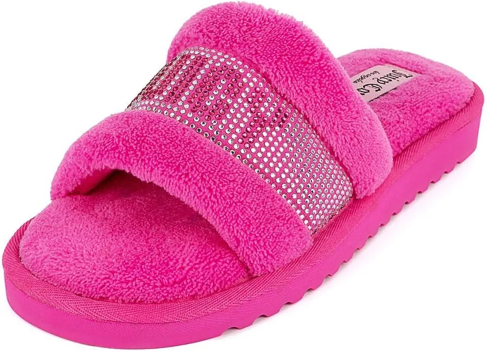 Juicy Couture Women's Plush Faux Fur Slippers  Cozy Open-Toe Slides, Soft Indoor/Outdoor House Shoes