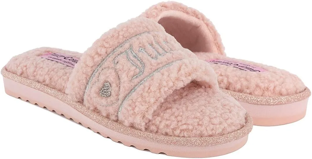 Juicy Couture Women's Plush Faux Fur Slippers  Cozy Open-Toe Slides, Soft Indoor/Outdoor House Shoes