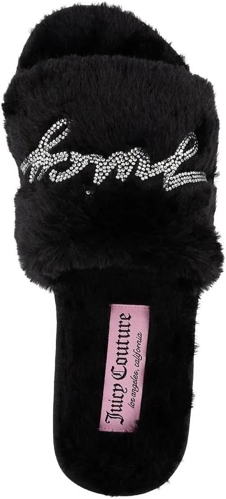Juicy Couture Women's Plush Faux Fur Slippers  Cozy Open-Toe Slides, Soft Indoor/Outdoor House Shoes