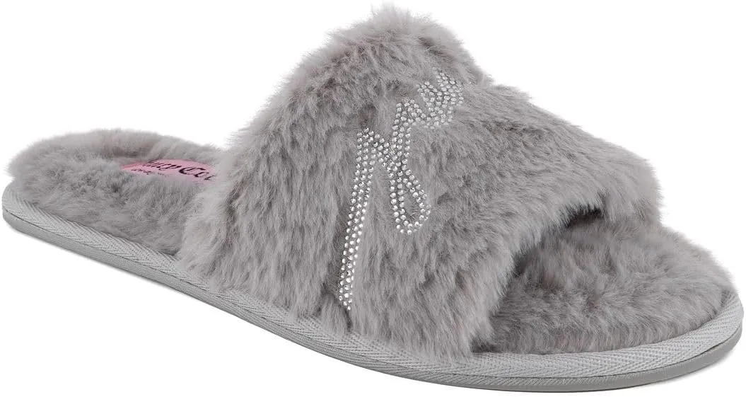 Juicy Couture Women's Plush Faux Fur Slippers  Cozy Open-Toe Slides, Soft Indoor/Outdoor House Shoes