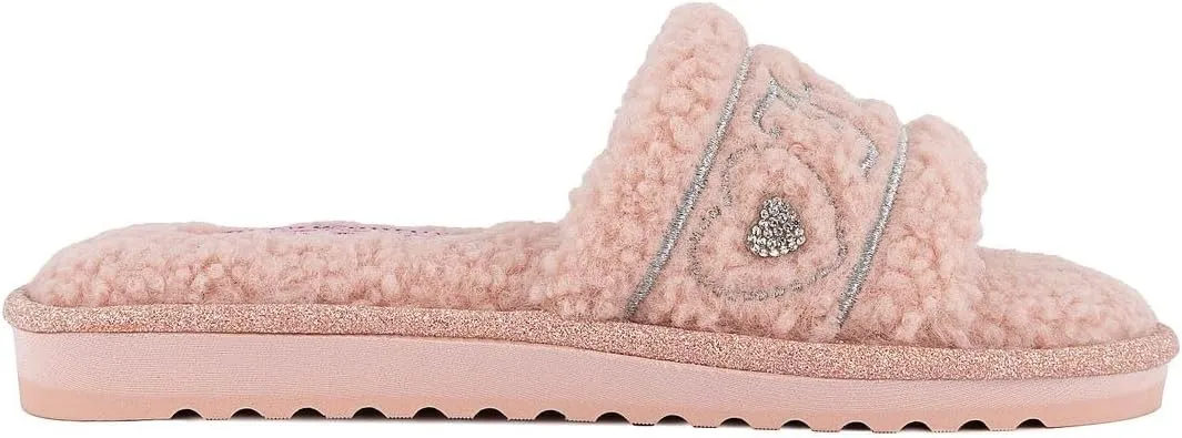 Juicy Couture Women's Plush Faux Fur Slippers  Cozy Open-Toe Slides, Soft Indoor/Outdoor House Shoes