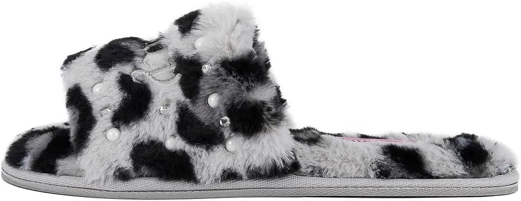 Juicy Couture Women's Plush Faux Fur Slippers  Cozy Open-Toe Slides, Soft Indoor/Outdoor House Shoes