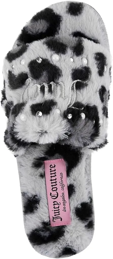 Juicy Couture Women's Plush Faux Fur Slippers  Cozy Open-Toe Slides, Soft Indoor/Outdoor House Shoes