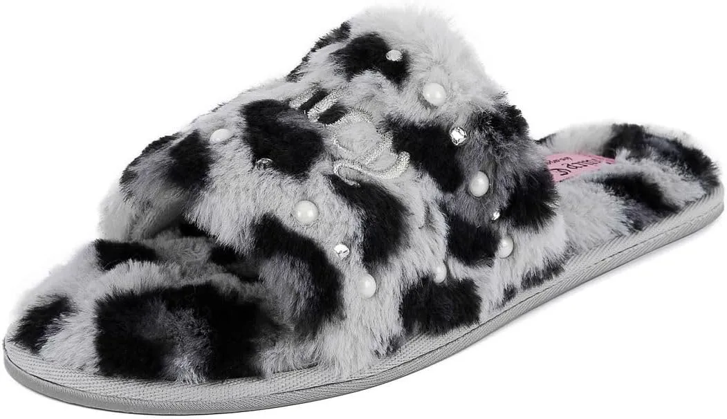 Juicy Couture Women's Plush Faux Fur Slippers  Cozy Open-Toe Slides, Soft Indoor/Outdoor House Shoes