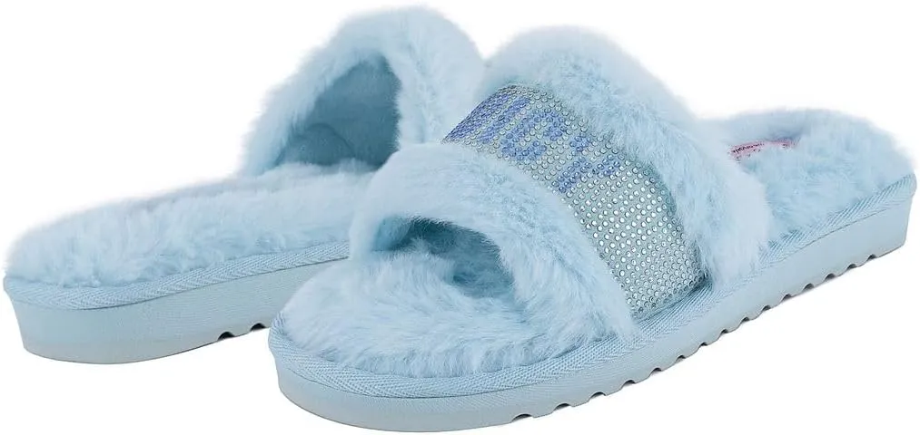 Juicy Couture Women's Plush Faux Fur Slippers  Cozy Open-Toe Slides, Soft Indoor/Outdoor House Shoes
