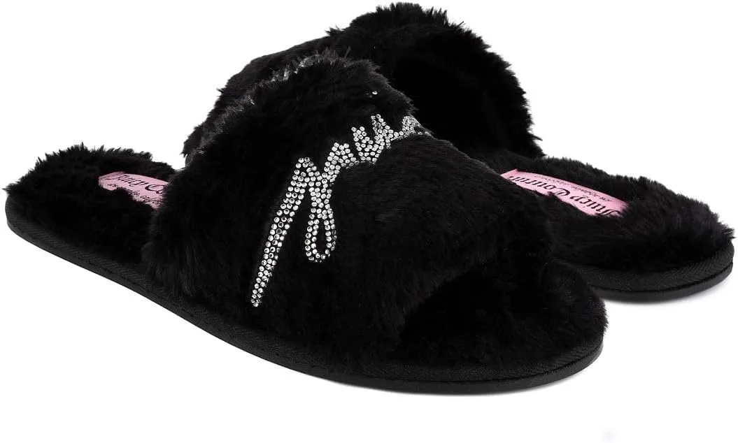 Juicy Couture Women's Plush Faux Fur Slippers  Cozy Open-Toe Slides, Soft Indoor/Outdoor House Shoes