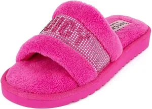 Juicy Couture Women's Plush Faux Fur Slippers  Cozy Open-Toe Slides, Soft Indoor/Outdoor House Shoes