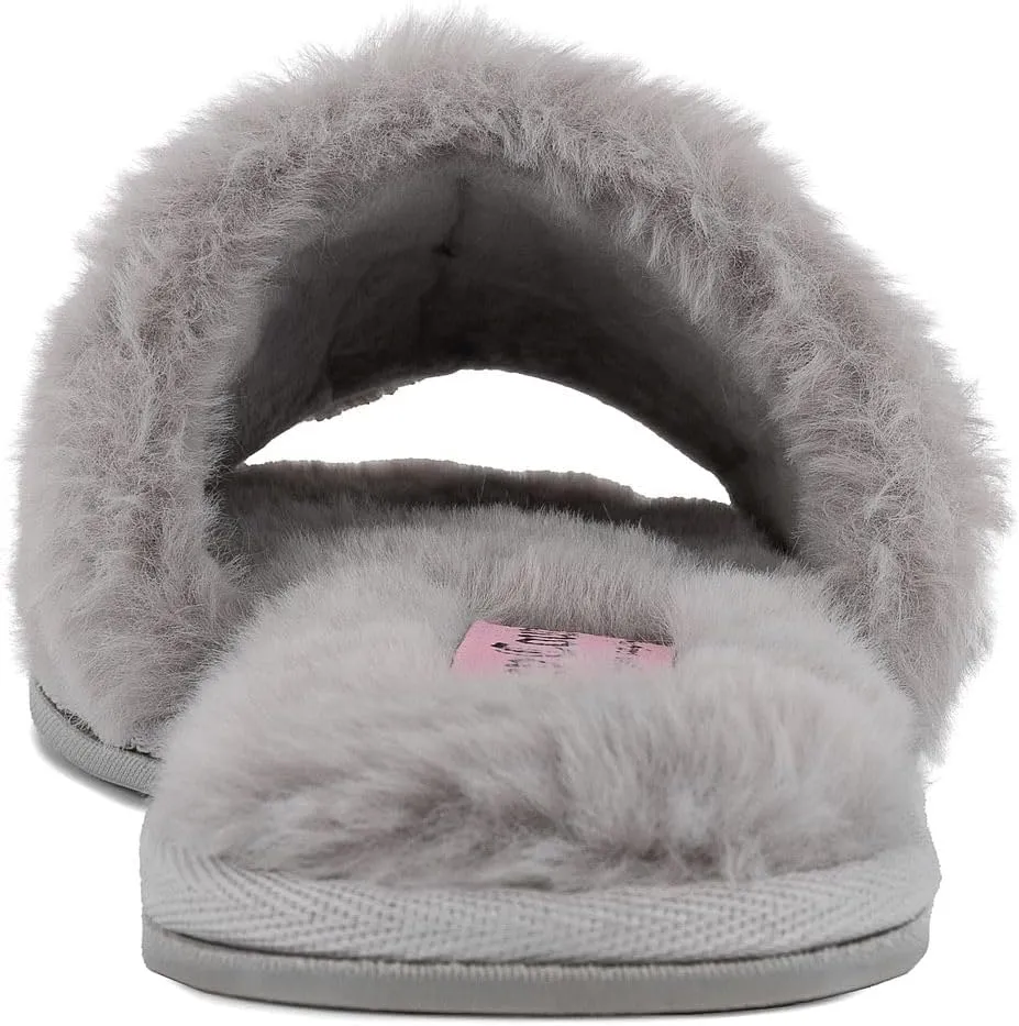 Juicy Couture Women's Plush Faux Fur Slippers  Cozy Open-Toe Slides, Soft Indoor/Outdoor House Shoes
