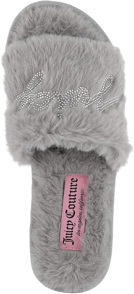 Juicy Couture Women's Plush Faux Fur Slippers  Cozy Open-Toe Slides, Soft Indoor/Outdoor House Shoes