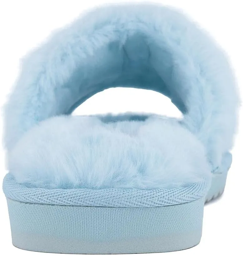 Juicy Couture Women's Plush Faux Fur Slippers  Cozy Open-Toe Slides, Soft Indoor/Outdoor House Shoes