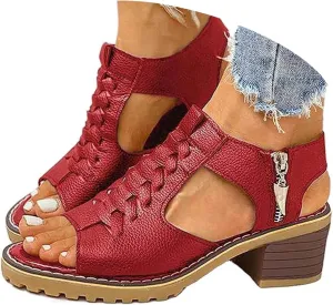 Keilani Sandals,Womens Keilani Orthopedic Sandals,Peep Toe Cutout Zipper Chunky Heeled Sandal Dressy Walking Shoes