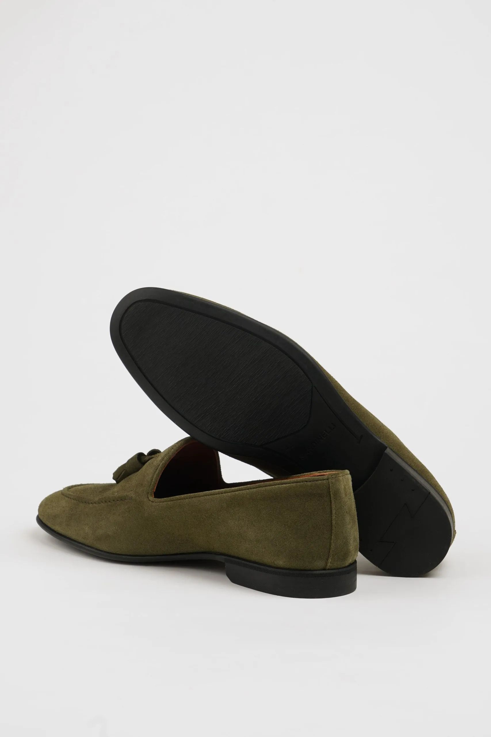 Khaki Suede Loafers with Tassel Detail.