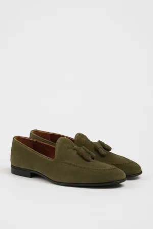 Khaki Suede Loafers with Tassel Detail.