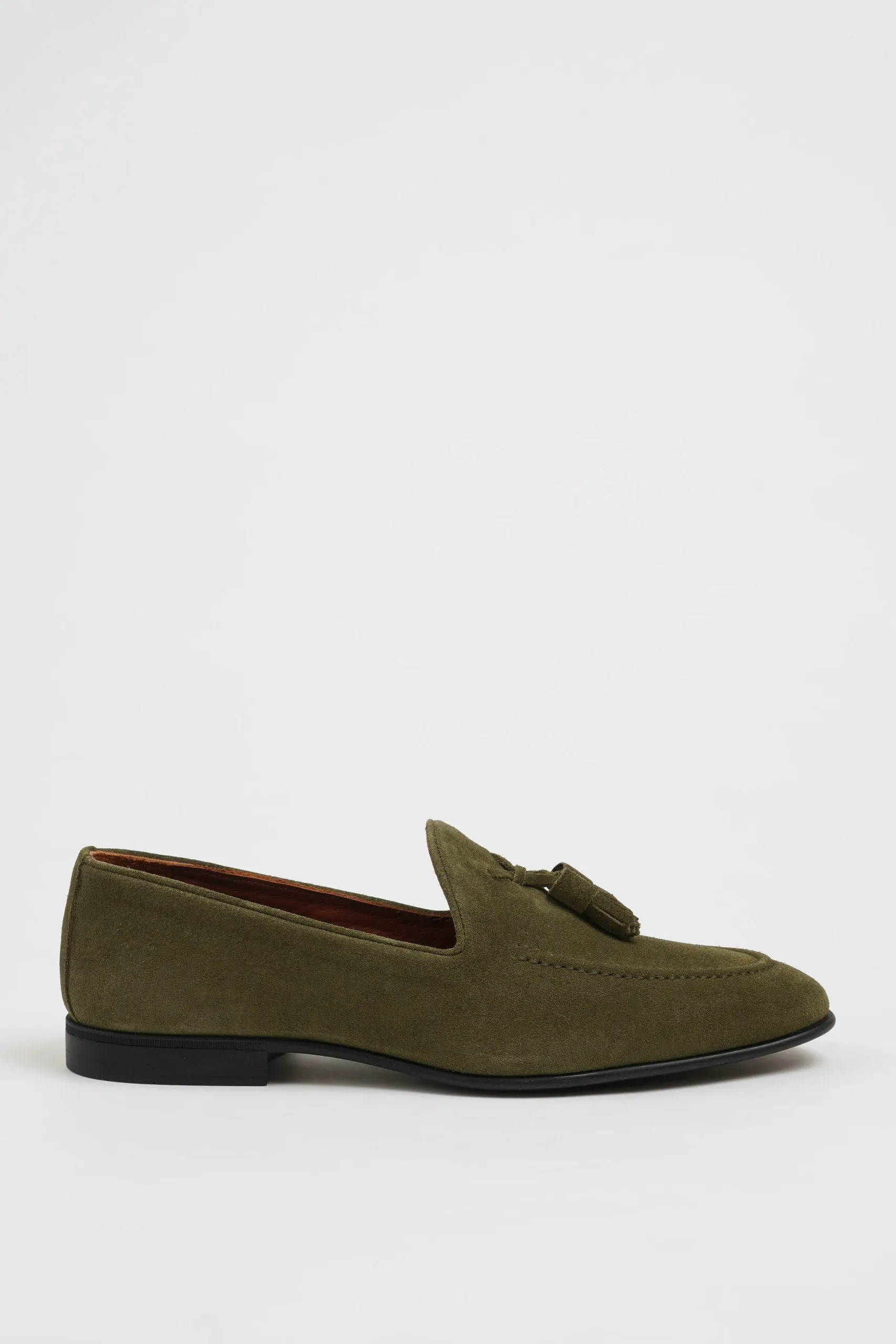 Khaki Suede Loafers with Tassel Detail.