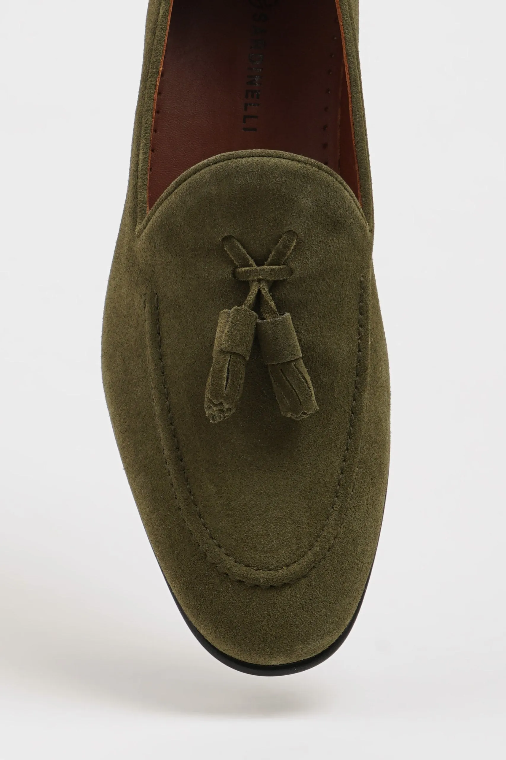 Khaki Suede Loafers with Tassel Detail.