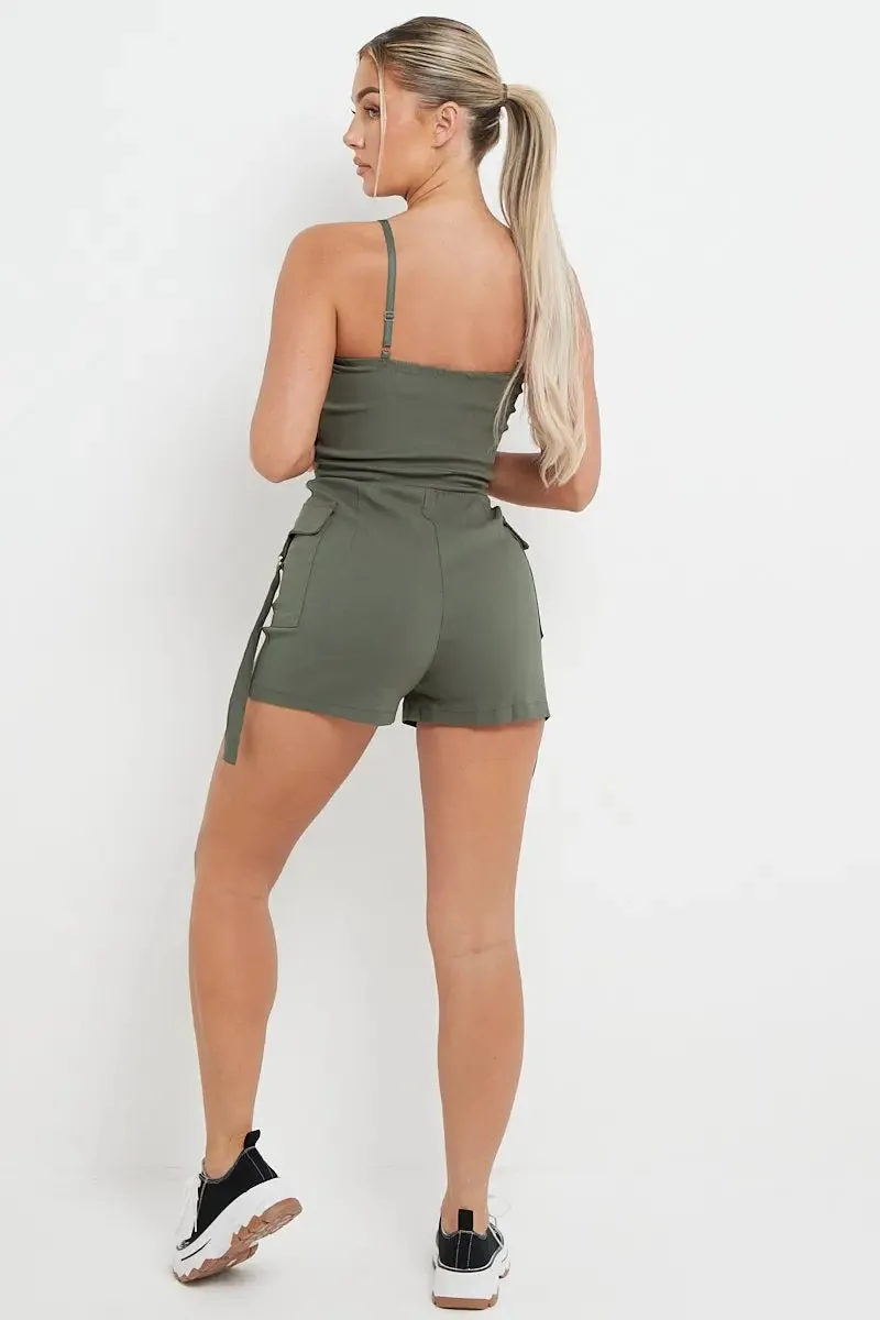 Khaki Thin Straps Pockets Slim Playsuit